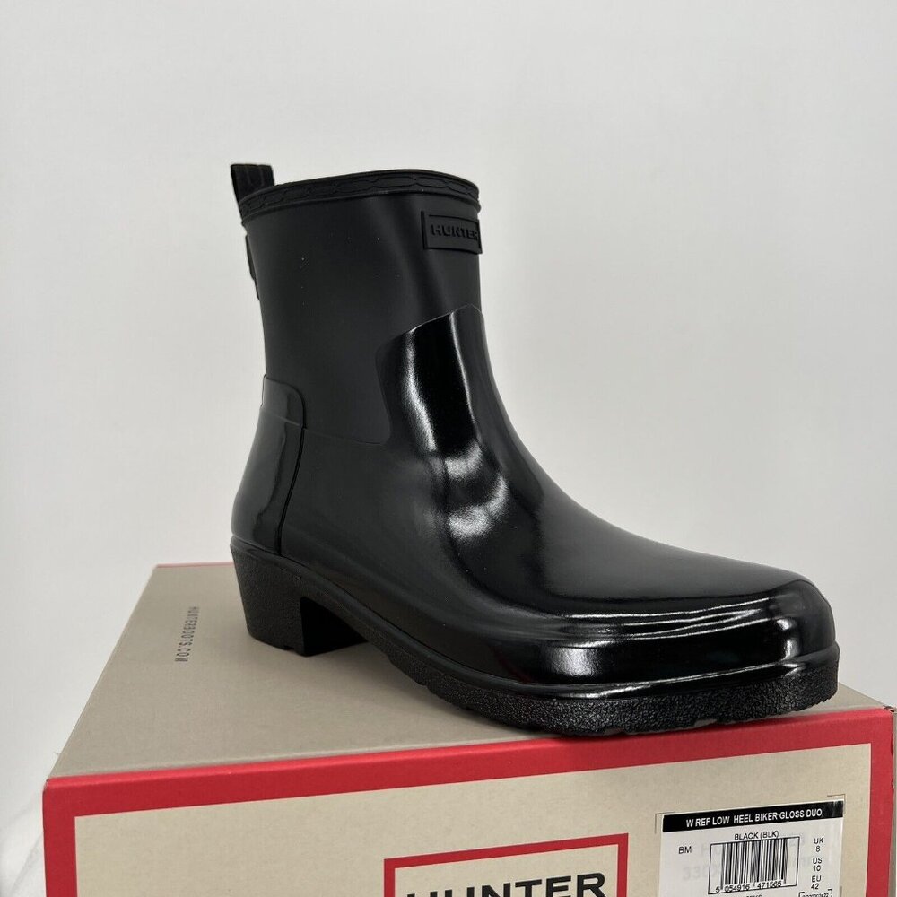 NWB HUNTER Women Refined Low Heel Biker Rubber Black Gloss Rain Boot Duo Size 10 - Picture 4 of 13